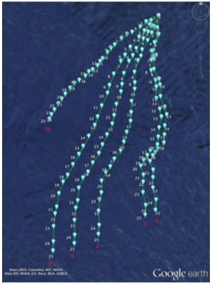 tracks of several floats overlaid on google maps