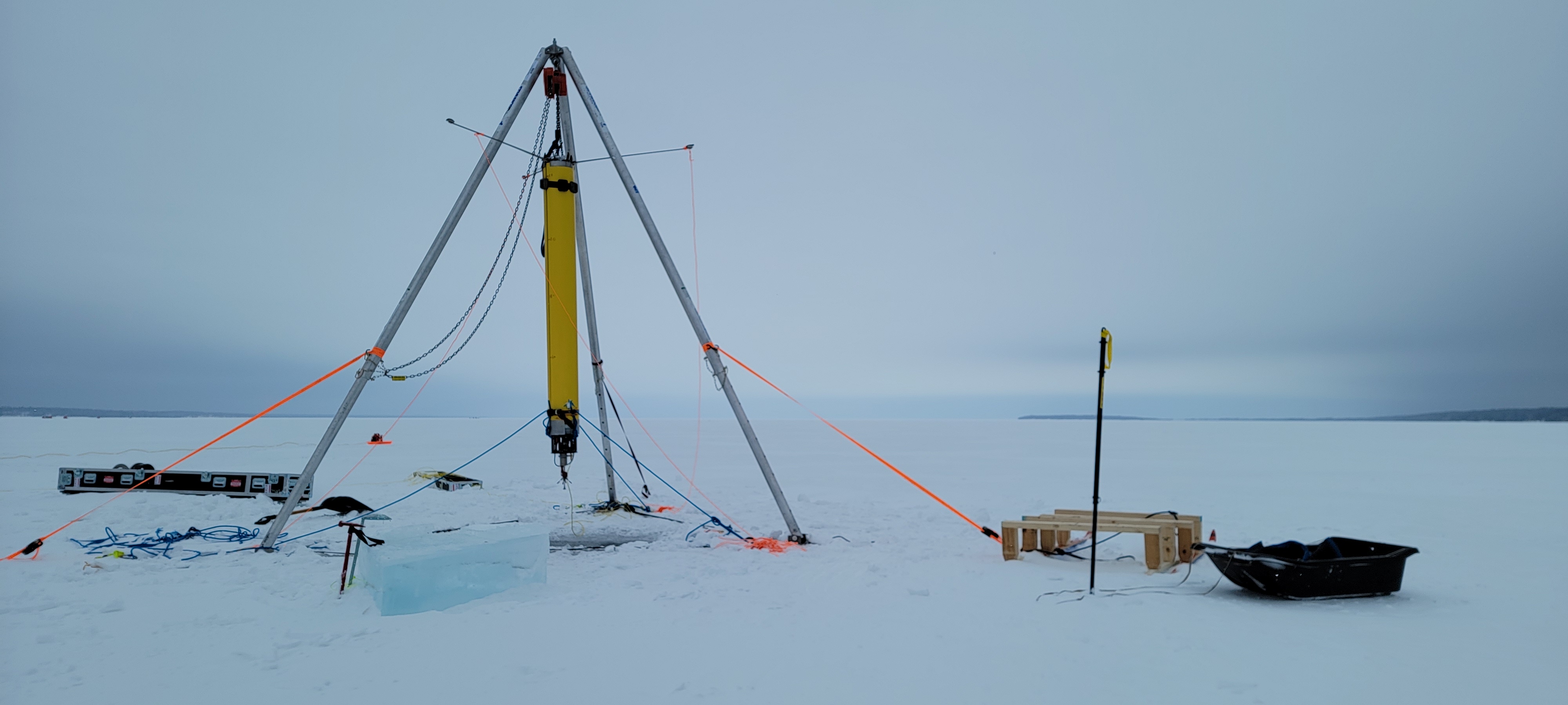 IceNode deployed above a borehole on Lake Superior, Michigan