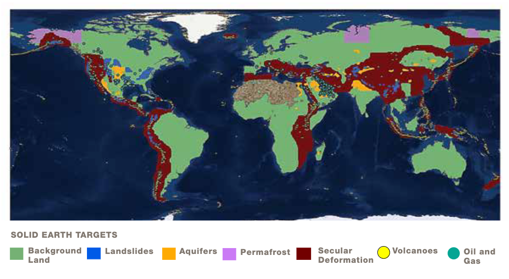 Map of solid Earth targets, showing: background land, landslides, aquifers, permafrost, secular deformation, volcanoes, and oil and gas