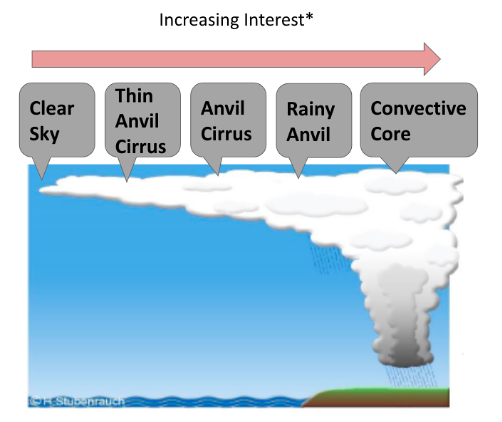 different types of cloud classification - Convective Core,
    Rainy Anvil, Anvil Cirrus, Thin Anvil Cirrus, and Clear Sky
